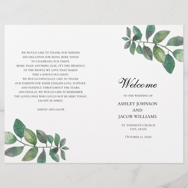 Programa de bodas de verano doblado. Hojas verdes (Anverso)