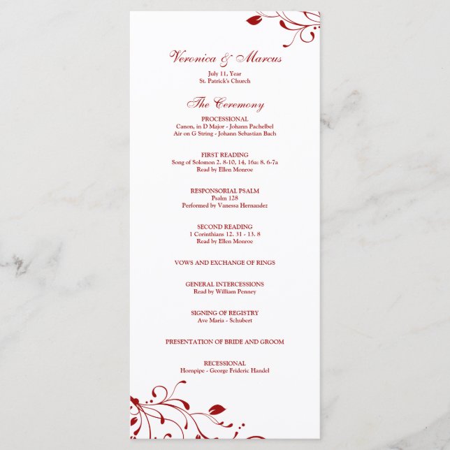 Programa de Bodas Decales Florales Rojas y Blancas (Anverso)