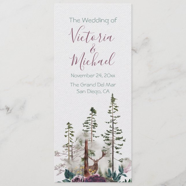 Programa de bodas del bosque de Woodland Watercolo (Anverso)