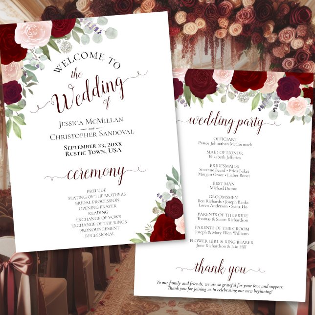 Programa de Bodas Descargables de Floral de Rubor  (Front/Back)