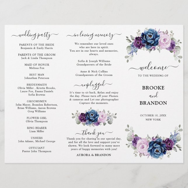 Programa de bodas Dusty Blue Purple Lilac Blooms (Anverso)
