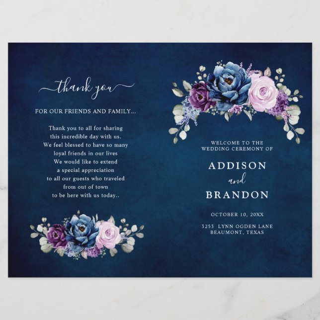 Programa de bodas Dusty Blue Purple Lilac Blooms (Anverso)