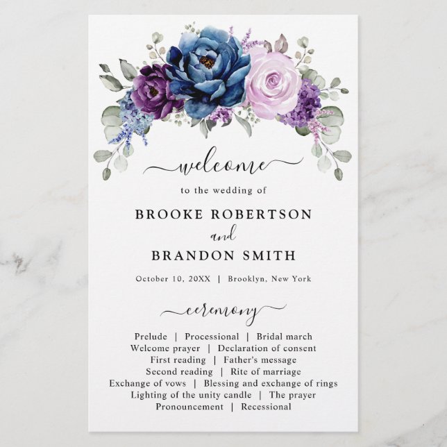 Programa de bodas Dusty Blue Purple Lilac Blooms (Anverso)