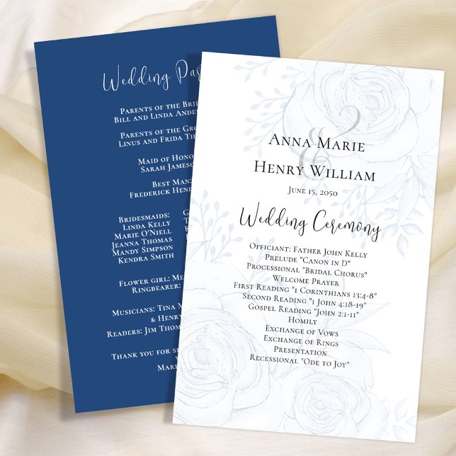 Programa de Bodas Elegante Floral Azul (Blue floral wedding ceremony paper sheet program with a dusty blue background. )