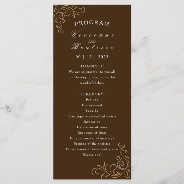 Programa de bodas elegante pergamino de oro rústic (Anverso)