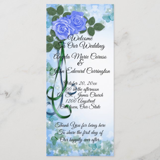 Programa de bodas elegante Rosas azules cinta verd (Anverso)