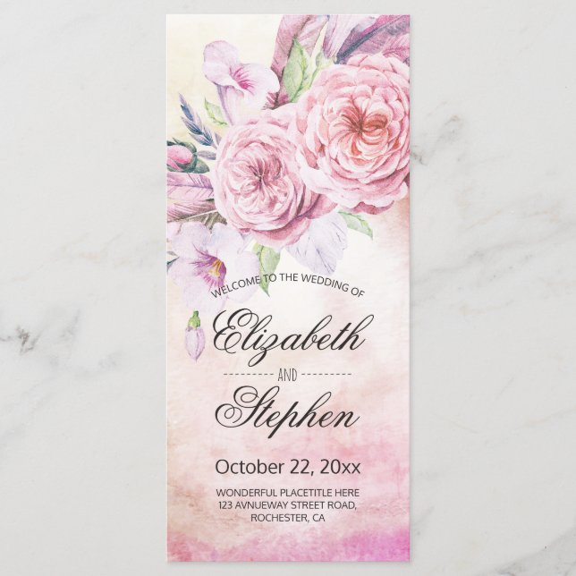 Programa de Bodas Elegantes plumas acuarelas Flora (Anverso)