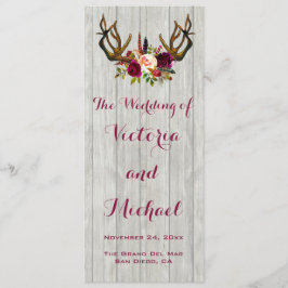 Programa de bodas en madera floral Rustic Antler