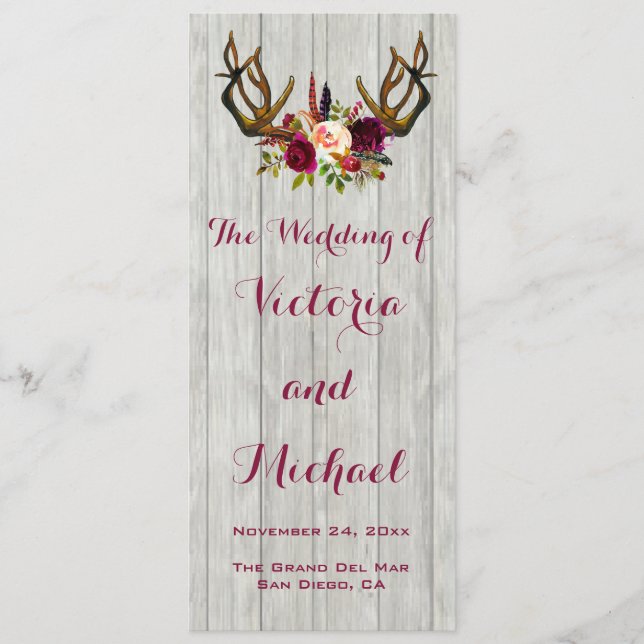 Programa de bodas en madera floral Rustic Antler (Anverso)