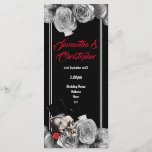 Programa de bodas en negro para cráneos y rosas