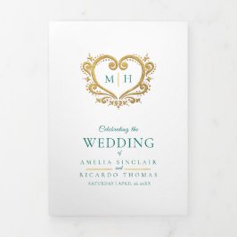 Programa de bodas en verde dorado con monograma ca