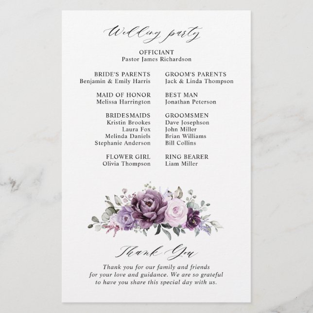 Programa de bodas en violeta morada (Reverso)