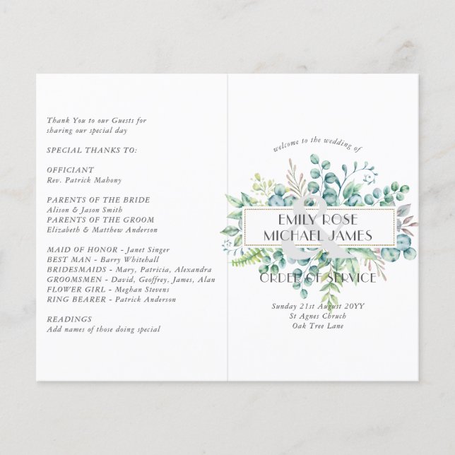 Programa de bodas Eucalyptus hojas de vegetación (Anverso)