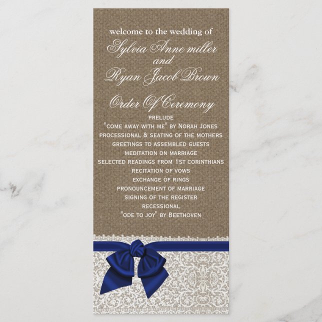 Programa de bodas FAUX Burlap y de encaje azul mar (Anverso)