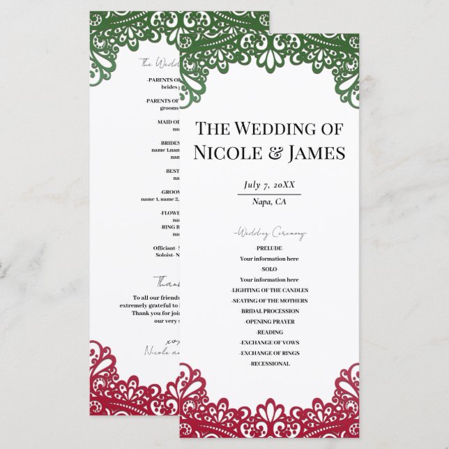 Programa de bodas Fiesta Elegante de encaje verde  (Anverso / Reverso)
