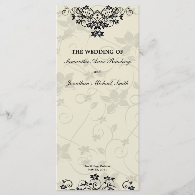 Programa de bodas - Floral blanca y negra elegante (Anverso)