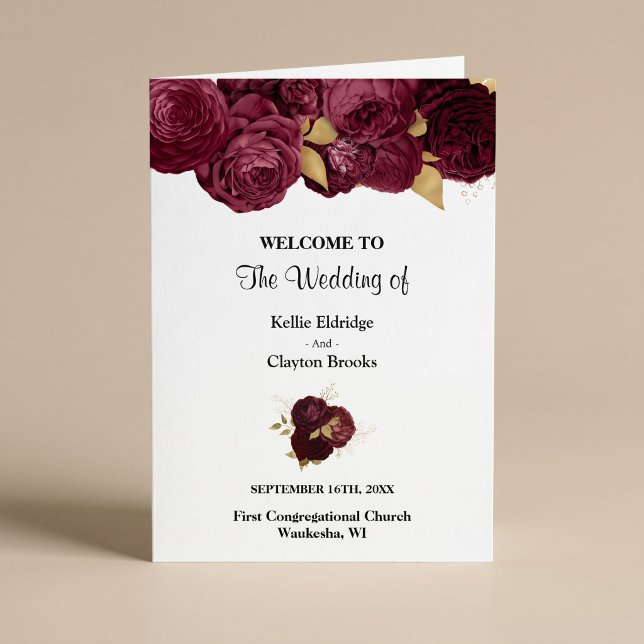 Programa de Bodas Floral Burgundy y Dorado Plegado (Subido por el creador)