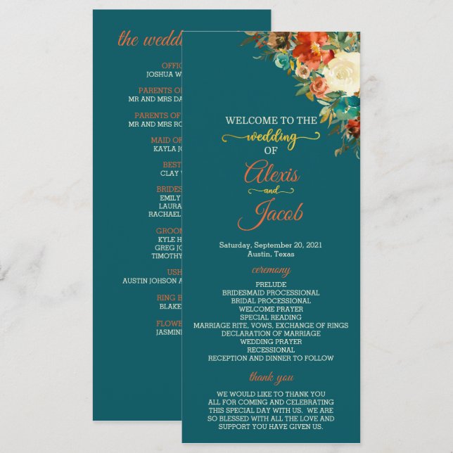 Programa de bodas - Floral Verde azulada y Naranja (Anverso / Reverso)