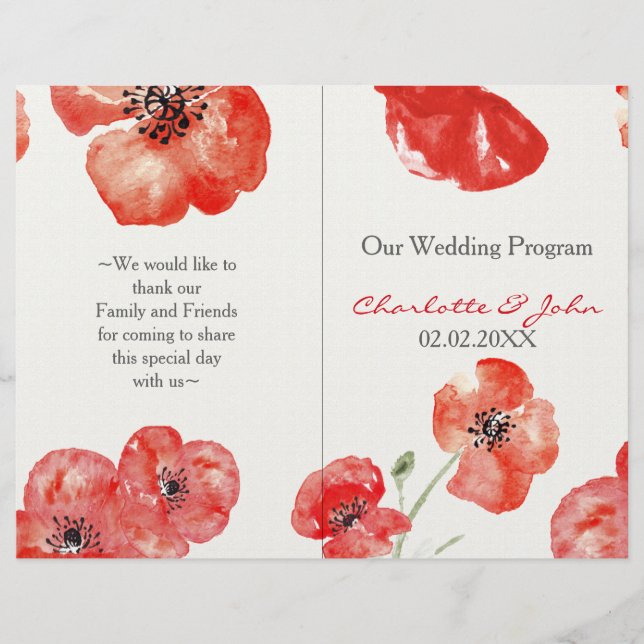 programa de bodas florales de bonito Red Poppies (Anverso)