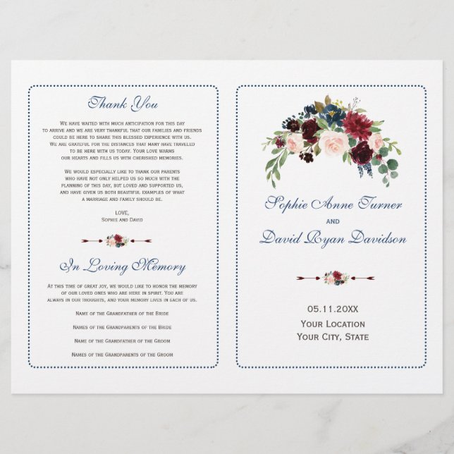 Programa de Bodas Florales de Borgoña Red Marsala (Frente)