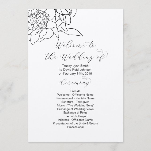 Programa de bodas florales de Kraft Drawn 2 lado (Anverso)