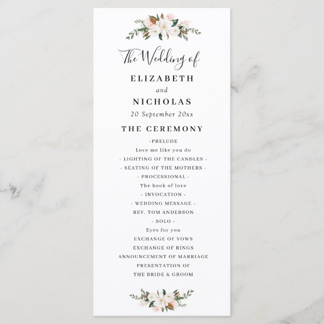 programa de bodas florales de magnolia y rosa (Anverso)