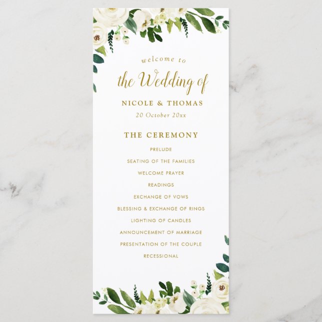 programa de bodas florales de oro y verde (Anverso)