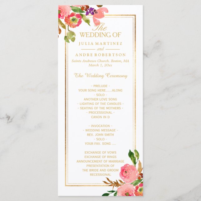 Programa de Bodas Florales en Acuarela de PixDezin (Anverso)