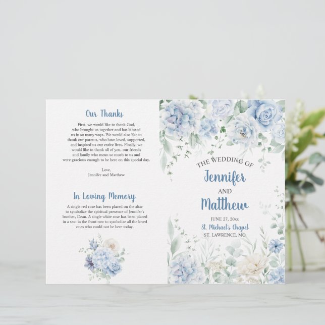 Programa de Bodas Florales en Blanco y Azul Pálido (Anverso de pie)