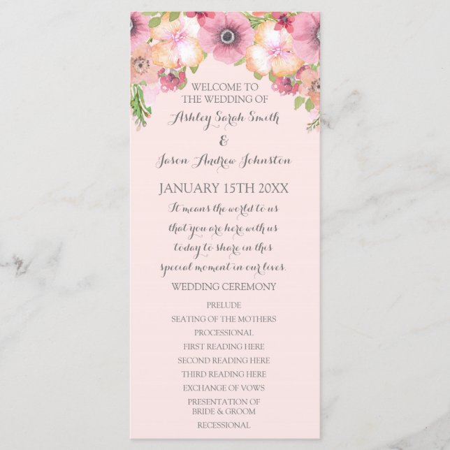Programa de Bodas Florales en Rubor Pink Pastel (Anverso)