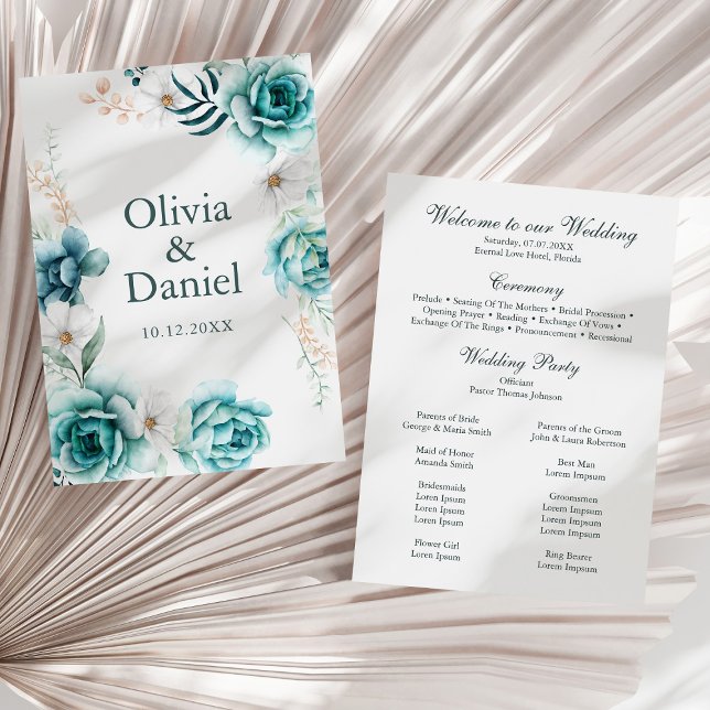 Programa de Bodas Florales Fuera de Blanco y Verde (Off-White & Teal Floral Wedding Program on a sunny white dry palm leaf.)