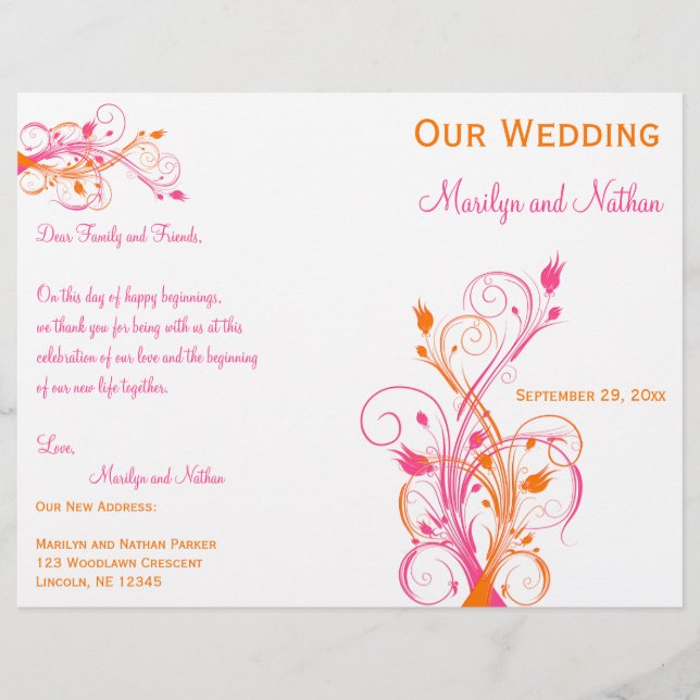 Programa de Bodas Florales naranja, Rosa y Blanca (Anverso)