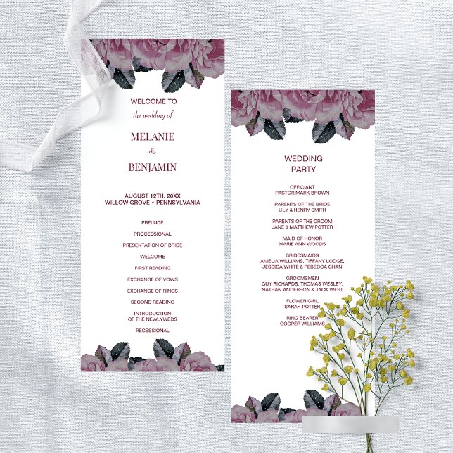 Programa de Bodas Florales Rosa Elegante (Elegant Rose Pink Romantic Floral Wedding Program)
