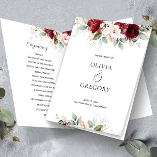 Programa de bodas florales rosas de Borgoña y Rubo