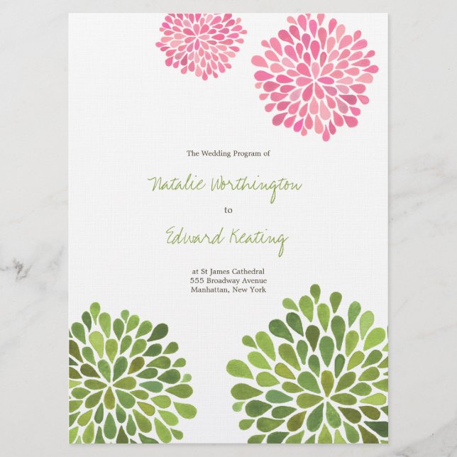 Programa de bodas Flores verdes rosas (Anverso)