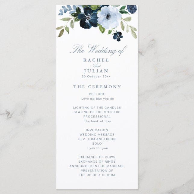 programa de bodas floridas de color azul claro (Anverso)