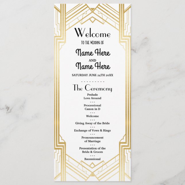 Programa de Bodas Gatsby White & Gold Art Deco de  (Anverso)