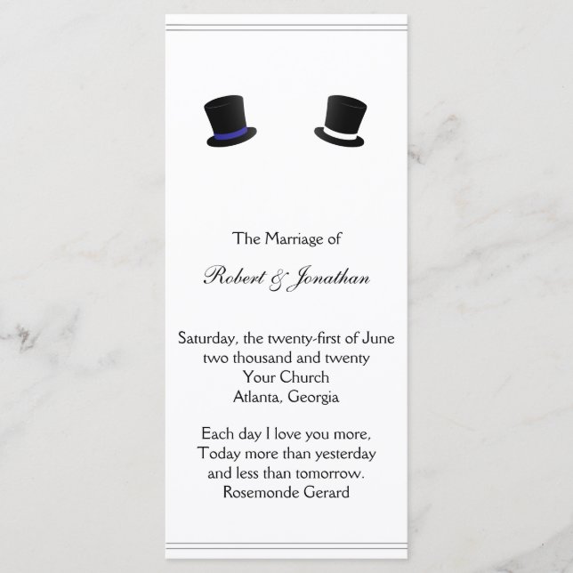 Programa de bodas gay azules con sombrero y amarre (Anverso)