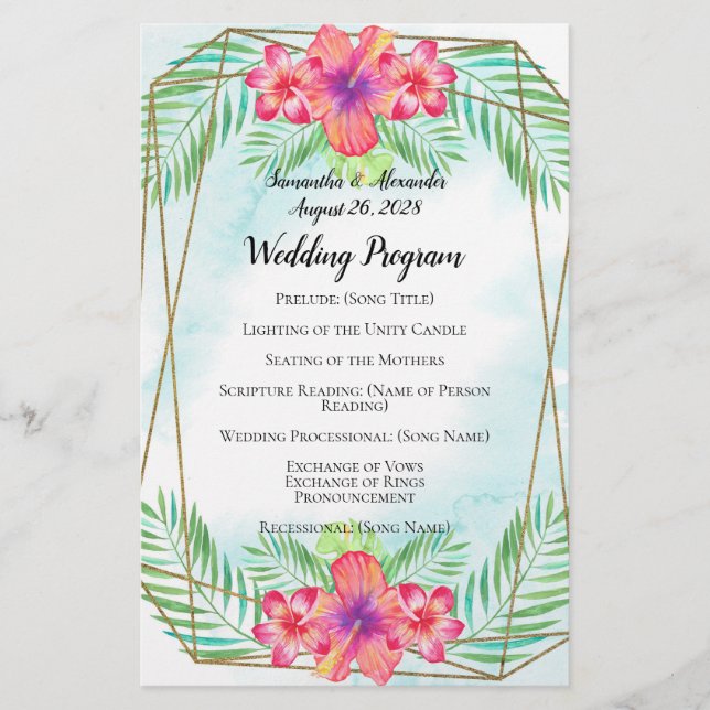 Programa de Bodas Hibiscus Flower Watercolor Beach (Anverso)