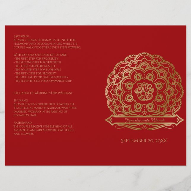 Programa de Bodas Hindúes Red and Gold Mandala (Anverso)