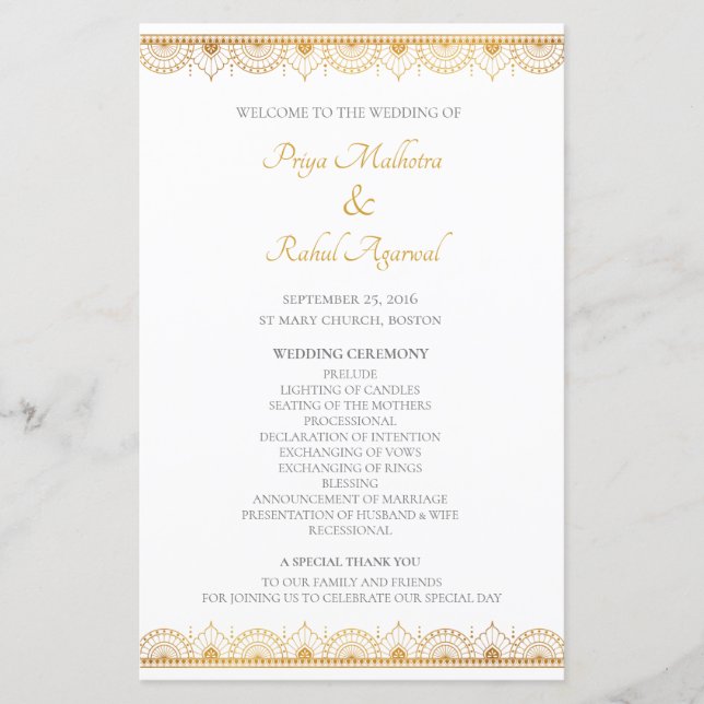 Programa de Bodas Indias con Patrón de Oro Elegant (Anverso)