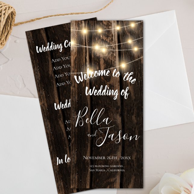 Programa de bodas | Madera Rústica Con Luz De Cade (Wedding Program | Rustic Wood With String Lights)