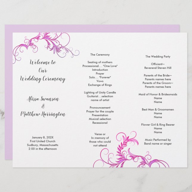 Programa de bodas Magenta Flourish Tri-plia Planti (Anverso / Reverso)