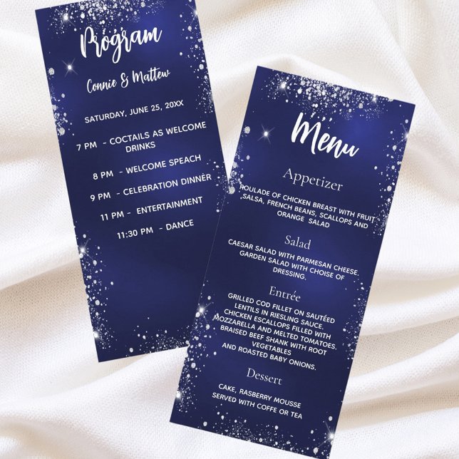 Programa de bodas menú de cena azul marino plata (Subido por el creador)