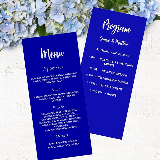 Programa de bodas menú de cena azul real blanco (Subido por el creador)