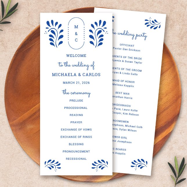 Programa de Bodas Mexicanas Azules de Estilo Puebl (Puebla Style Blue Mexican Wedding Program by Fiesta Valley Print)