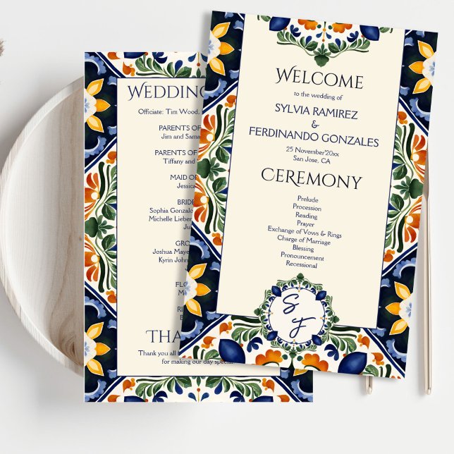 Programa de bodas mexicano Azulejo blue Talavera (Azulejo blue Talavera vintage Mexican wedding program elegant order of events day of stationery)