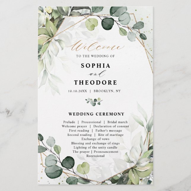 Programa de bodas modernas Eucalyptus Sage Greener (Anverso)