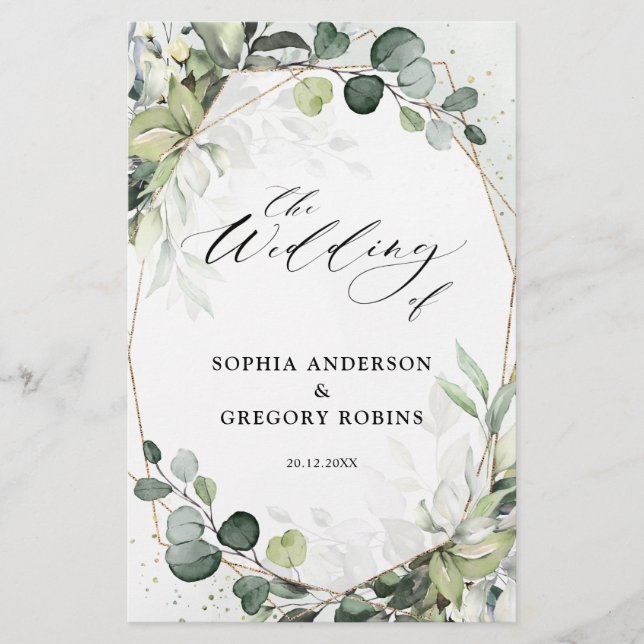 Programa de bodas modernas Eucalyptus Sage Greener (Anverso)