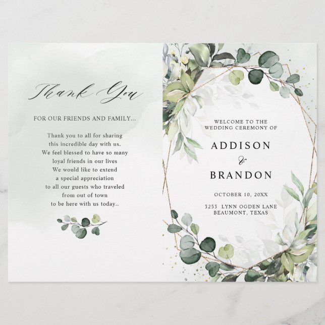 Programa de bodas modernas Eucalyptus Sage Greener (Anverso)